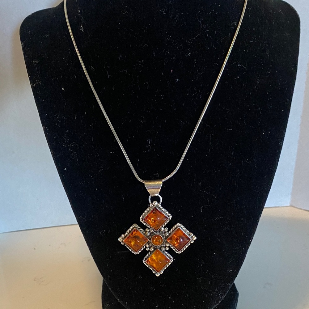 Amber Cross Pendant Necklace - Sterling Silver